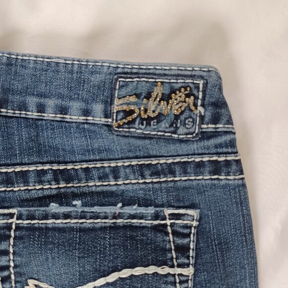 Silver Jeans Aiko Bootcut Lowrise Dark Wash Distressed Thick Stitch Size 29x33 - Picture 7 of 13